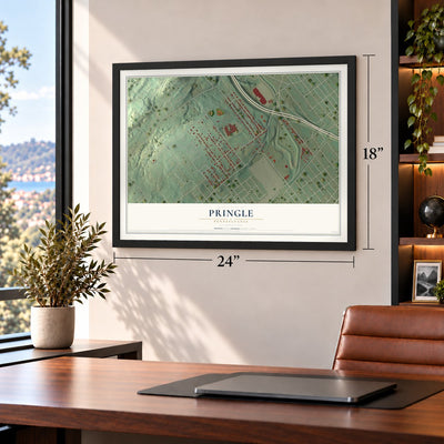 Pringle, Pennsylvania map, 18 x 24 inch print in a black frame in a home office