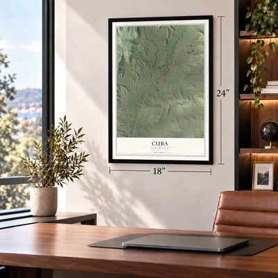 Cuba, New Mexico map, 18 x 24 inch print in a black frame in a home office