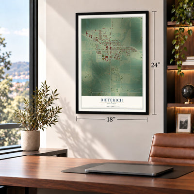 Dieterich, Illinois map, 18 x 24 inch print in a black frame in a home office