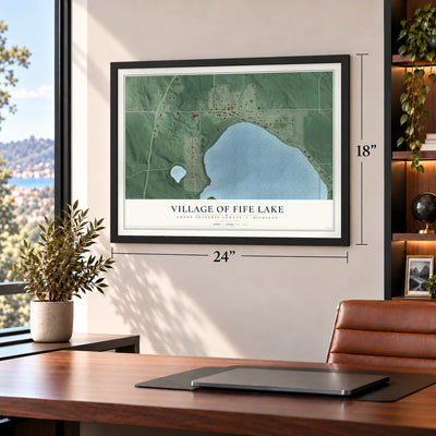 Fife Lake, Michigan map, 18 x 24 inch print in a black frame in a home office