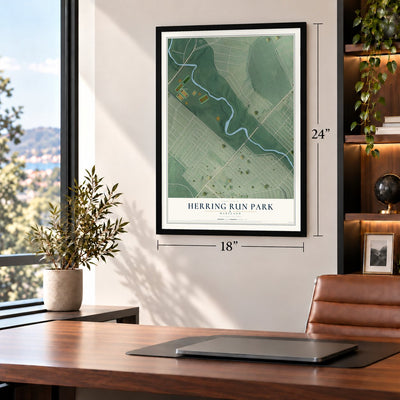 Herring Run Park, Maryland map, 18 x 24 inch print in a black frame in a home office