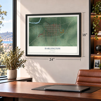 Darlington, Indiana map, 18 x 24 inch print in a black frame in a home office