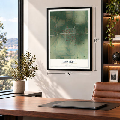 Novelty, Missouri map, 18 x 24 inch print in a black frame in a home office