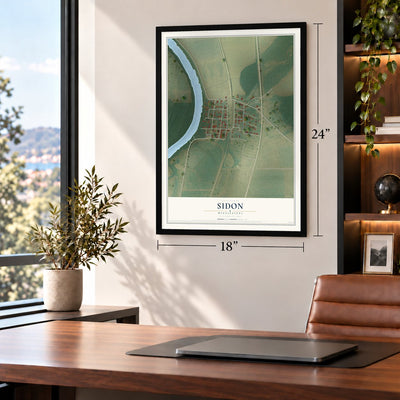Sidon, Mississippi map, 18 x 24 inch print in a black frame in a home office