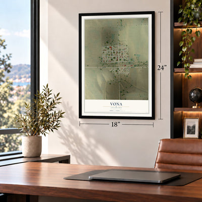 Vona, Colorado map, 18 x 24 inch print in a black frame in a home office