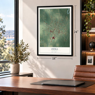 Osyka, Mississippi map, 18 x 24 inch print in a black frame in a home office