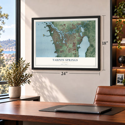Tarpon Springs, Florida map, 18 x 24 inch print in a black frame in a home office
