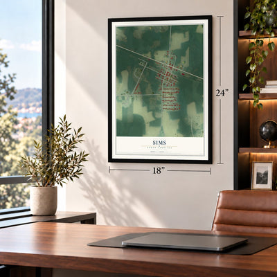 Sims, North Carolina map, 18 x 24 inch print in a black frame in a home office