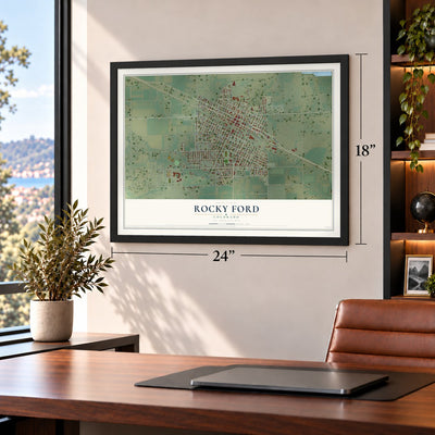 Rocky Ford, Colorado map, 18 x 24 inch print in a black frame in a home office