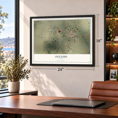 Oglesby, Texas map, 18 x 24 inch print in a black frame in a home office