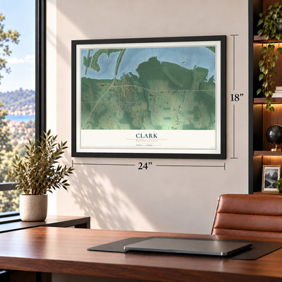 Clark, Pennsylvania map, 18 x 24 inch print in a black frame in a home office