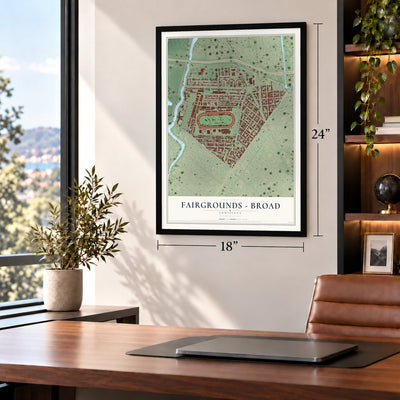 Fairgrounds - Broad, Louisiana map, 18 x 24 inch print in a black frame in a home office