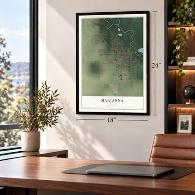 Marianna, Arkansas map, 18 x 24 inch print in a black frame in a home office