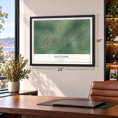 Fletcher, Oklahoma map, 18 x 24 inch print in a black frame in a home office