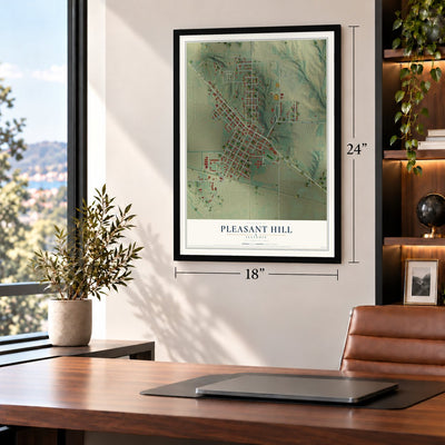 Pleasant Hill, Illinois map, 18 x 24 inch print in a black frame in a home office