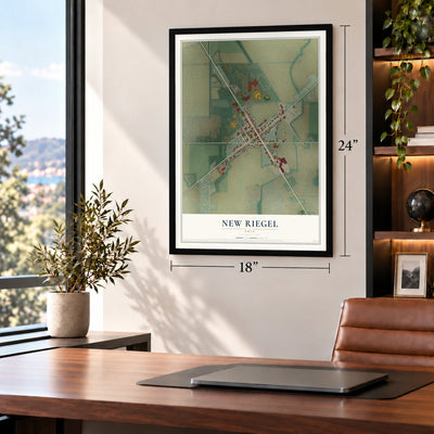 New Riegel, Ohio map, 18 x 24 inch print in a black frame in a home office