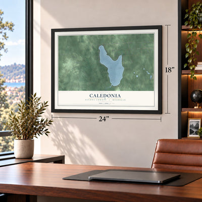 Caledonia, Alcona County, Michigan map, 18 x 24 inch print in a black frame in a home office
