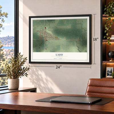 Ladd, Illinois map, 18 x 24 inch print in a black frame in a home office