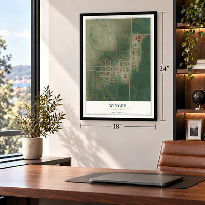 Winger, Minnesota map, 18 x 24 inch print in a black frame in a home office
