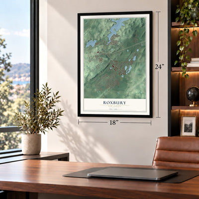 Roxbury, New Jersey map, 18 x 24 inch print in a black frame in a home office