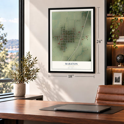 Marston, Missouri map, 18 x 24 inch print in a black frame in a home office
