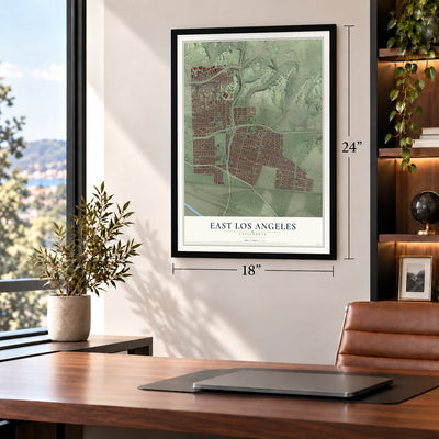 East Los Angeles, California map, 18 x 24 inch print in a black frame in a home office