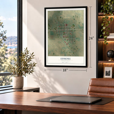 Edmore, North Dakota map, 18 x 24 inch print in a black frame in a home office