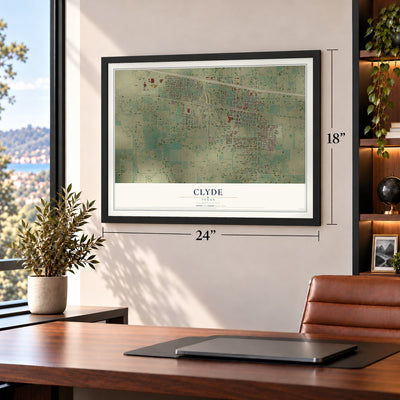 Clyde, Texas map, 18 x 24 inch print in a black frame in a home office