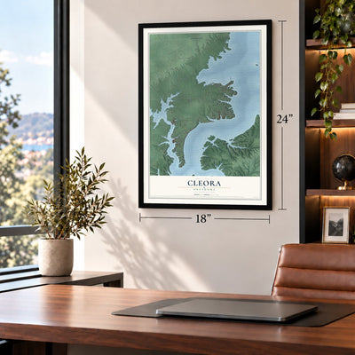 Cleora, Oklahoma map, 18 x 24 inch print in a black frame in a home office