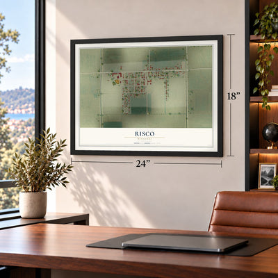 Risco, Missouri map, 18 x 24 inch print in a black frame in a home office