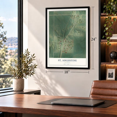 St. Augustine, Illinois map, 18 x 24 inch print in a black frame in a home office