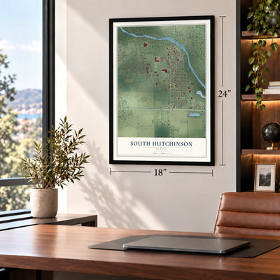 South Hutchinson, Kansas map, 18 x 24 inch print in a black frame in a home office