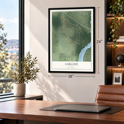 Garland, Arkansas map, 18 x 24 inch print in a black frame in a home office