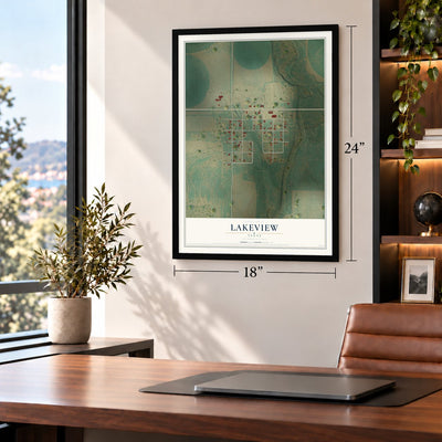 Lakeview, Texas map, 18 x 24 inch print in a black frame in a home office
