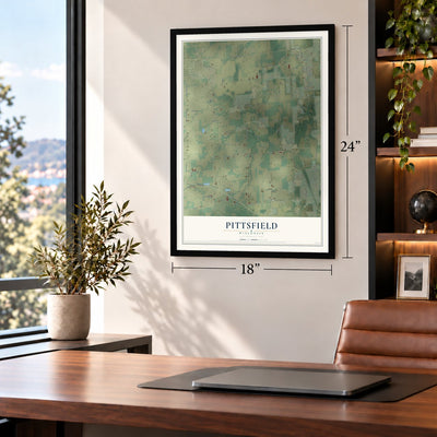 Pittsfield, Wisconsin map, 18 x 24 inch print in a black frame in a home office