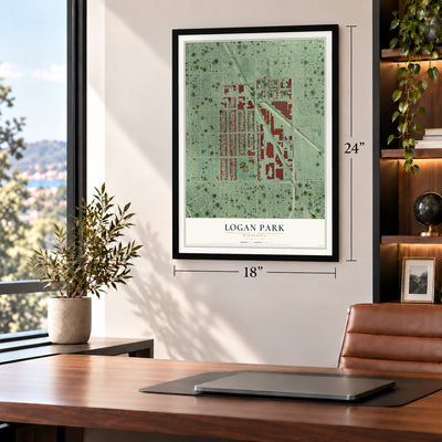 Logan Park, Minnesota map, 18 x 24 inch print in a black frame in a home office