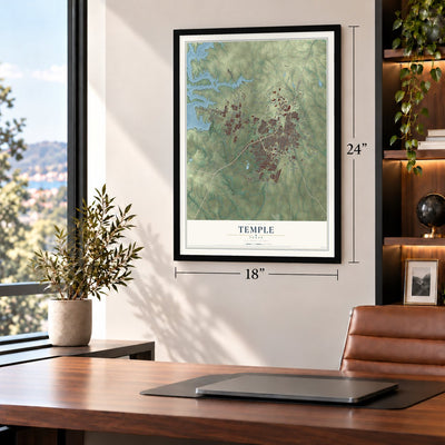Temple, Texas map, 18 x 24 inch print in a black frame in a home office