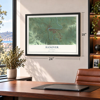 Hanover, Illinois map, 18 x 24 inch print in a black frame in a home office