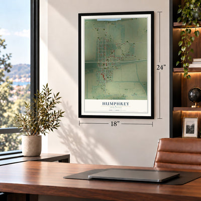 Humphrey, Arkansas map, 18 x 24 inch print in a black frame in a home office