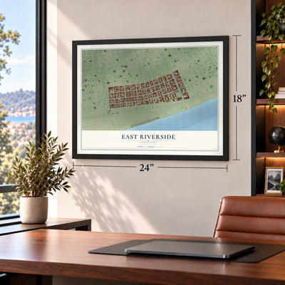 East Riverside, Louisiana map, 18 x 24 inch print in a black frame in a home office