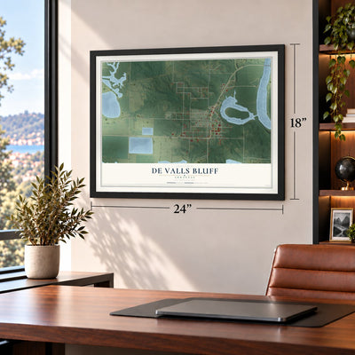 De Valls Bluff, Arkansas map, 18 x 24 inch print in a black frame in a home office