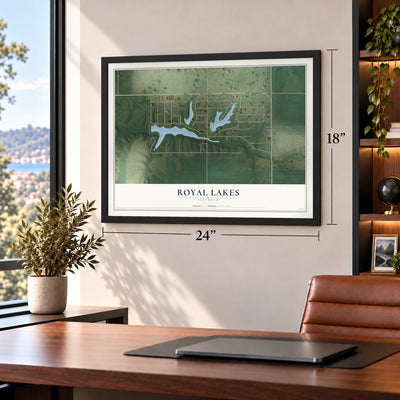 Royal Lakes, Illinois map, 18 x 24 inch print in a black frame in a home office
