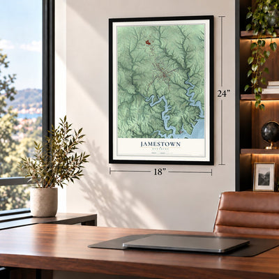 Jamestown, Kentucky map, 18 x 24 inch print in a black frame in a home office
