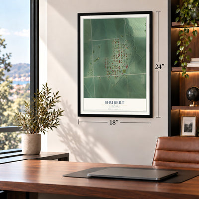 Shubert, Nebraska map, 18 x 24 inch print in a black frame in a home office