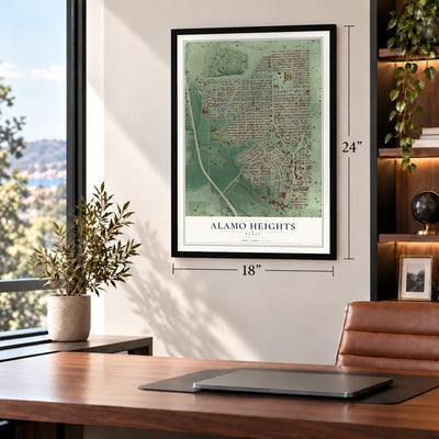 Alamo Heights, Texas map, 18 x 24 inch print in a black frame in a home office