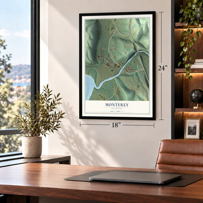 Monterey, Kentucky map, 18 x 24 inch print in a black frame in a home office