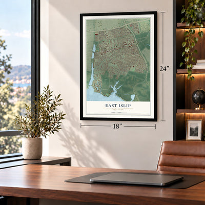 East Islip, New York map, 18 x 24 inch print in a black frame in a home office
