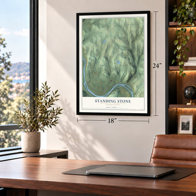 Standing Stone, Pennsylvania map, 18 x 24 inch print in a black frame in a home office
