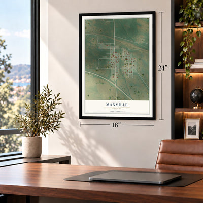 Manville, Wyoming map, 18 x 24 inch print in a black frame in a home office