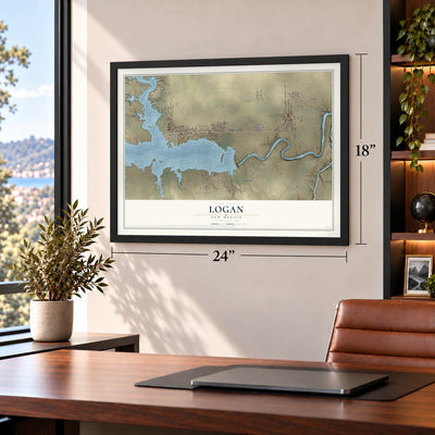 Logan, New Mexico map, 18 x 24 inch print in a black frame in a home office